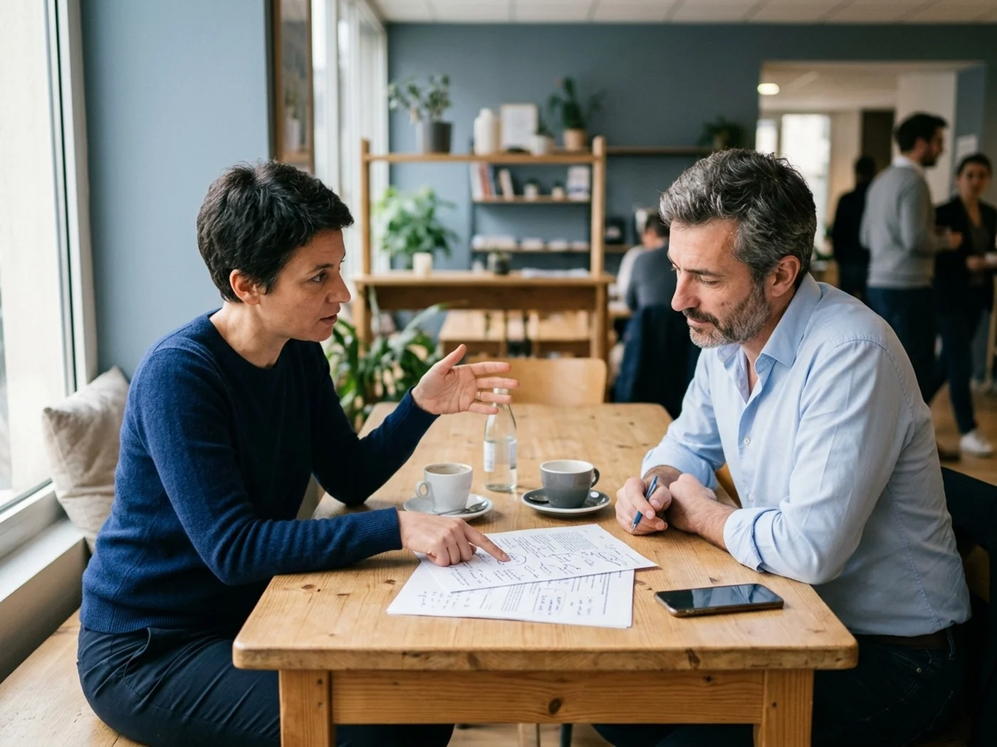 Deux personnes échangent autour de documents annotés, à une table