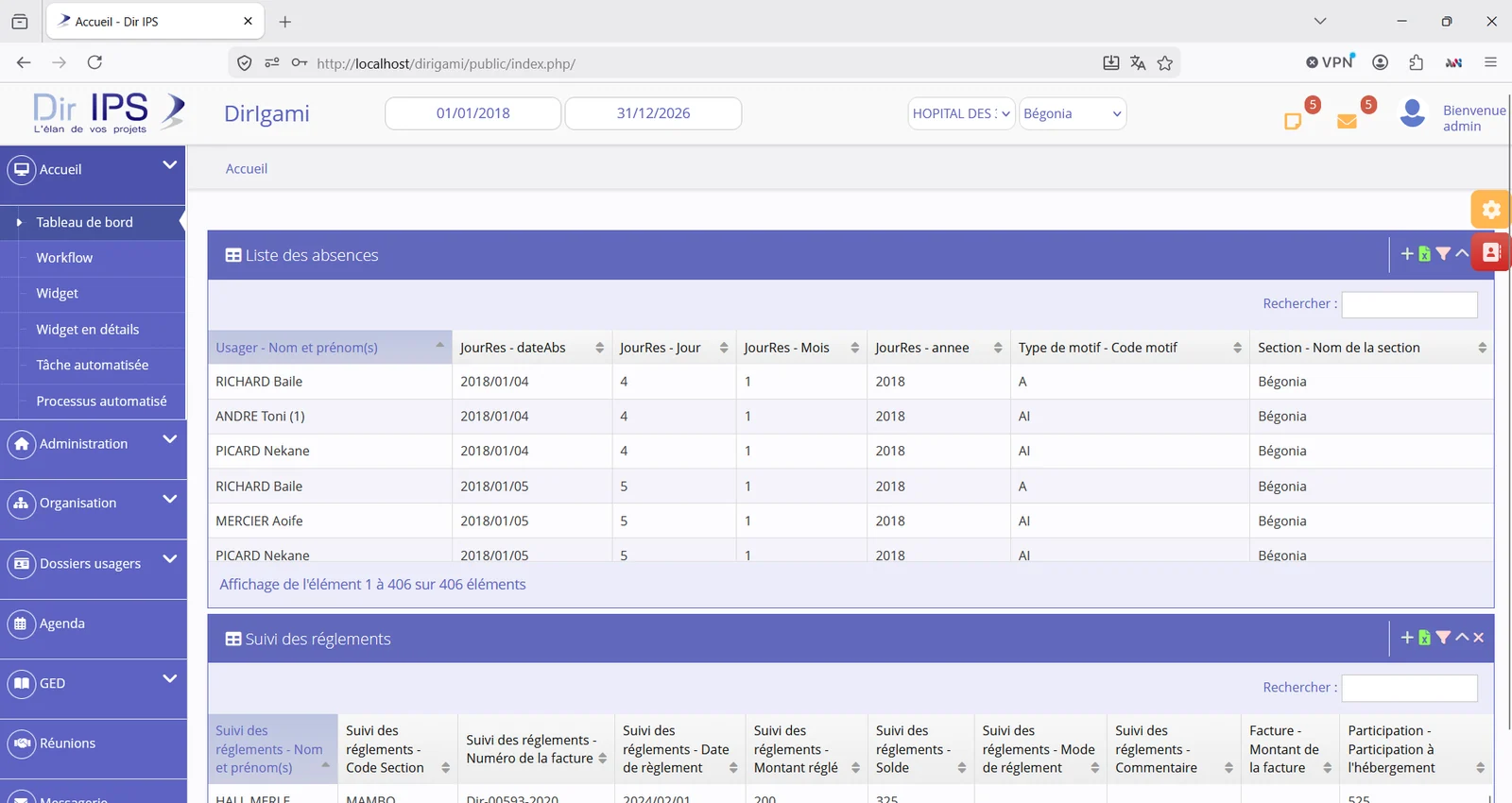 Tableau de bord DirIgami : widgets liste des absences et suivi des règlements